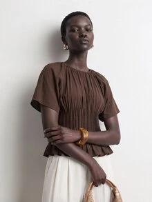SHEIN Stylify 女款法式優雅極簡休閒溫柔巧克力棕色純棉春夏新款腰部打褶設計修身襯衫，適合20-35+女性辦公與度假穿著 - 巧克力棕 - 查看 5