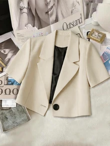 Franclia Women's Summer Casual Daily Work Commute Minimalist Versatile Solid Color Lapel Collar Short Sleeve Cropped Lightweight Blazer Jacket - Apricot - View 3