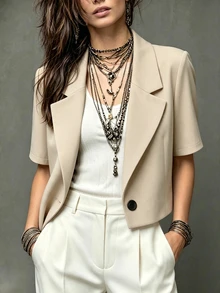 Franclia Women's Summer Casual Daily Work Commute Minimalist Versatile Solid Color Lapel Collar Short Sleeve Cropped Lightweight Blazer Jacket - Apricot - View 1