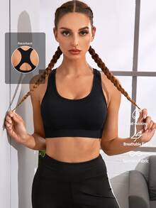 Powerista Women's Summer&Spring Gym&Fitness Sportswear Black Solid Color Seamless Breathable Tank Style Sports Bra Built-In Removable Cup Pads - Black - View 3