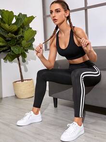 Powerista Women's Summer&Spring Gym&Fitness Sportswear Black Solid Color Seamless Breathable Tank Style Sports Bra Built-In Removable Cup Pads - Black - View 5