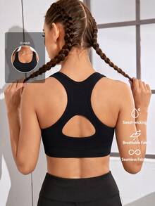 Powerista Women's Summer&Spring Gym&Fitness Sportswear Black Solid Color Seamless Breathable Tank Style Sports Bra Built-In Removable Cup Pads - Black - View 2