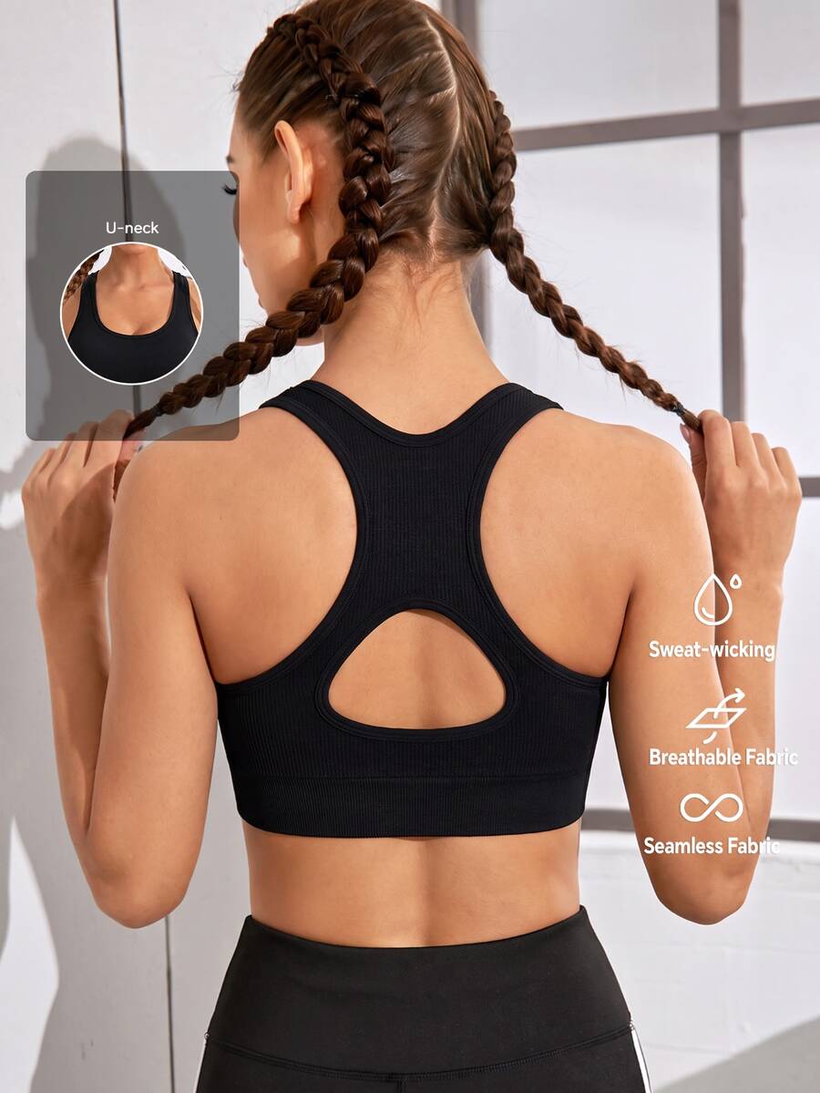 Powerista Women's Summer&Spring Gym&Fitness Sportswear Black Solid Color Seamless Breathable Tank Style Sports Bra Built-In Removable Cup Pads