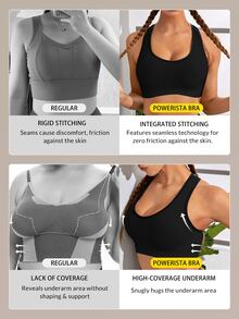 Powerista Women's Summer&Spring Gym&Fitness Sportswear Black Solid Color Seamless Breathable Tank Style Sports Bra Built-In Removable Cup Pads - Black - View 4