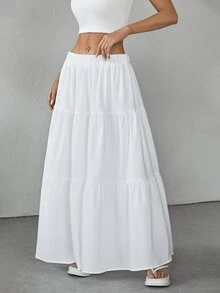 SHEIN PETITE 純色荷葉邊下擺雪紡裙，適合嬌小女性 - 白色 - 查看 9