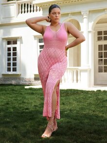 VOLUPTÉ CURVE Plus Size Women's Spring/Summer Pink Hollow Out Knit Spaghetti Strap Sleeveless Maxi Dress, Elegant Vacation Beach Party Dress - Pink - View 8