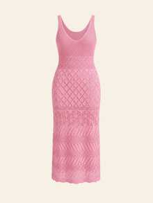 VOLUPTÉ CURVE Plus Size Women's Spring/Summer Pink Hollow Out Knit Spaghetti Strap Sleeveless Maxi Dress, Elegant Vacation Beach Party Dress - Pink - View 2