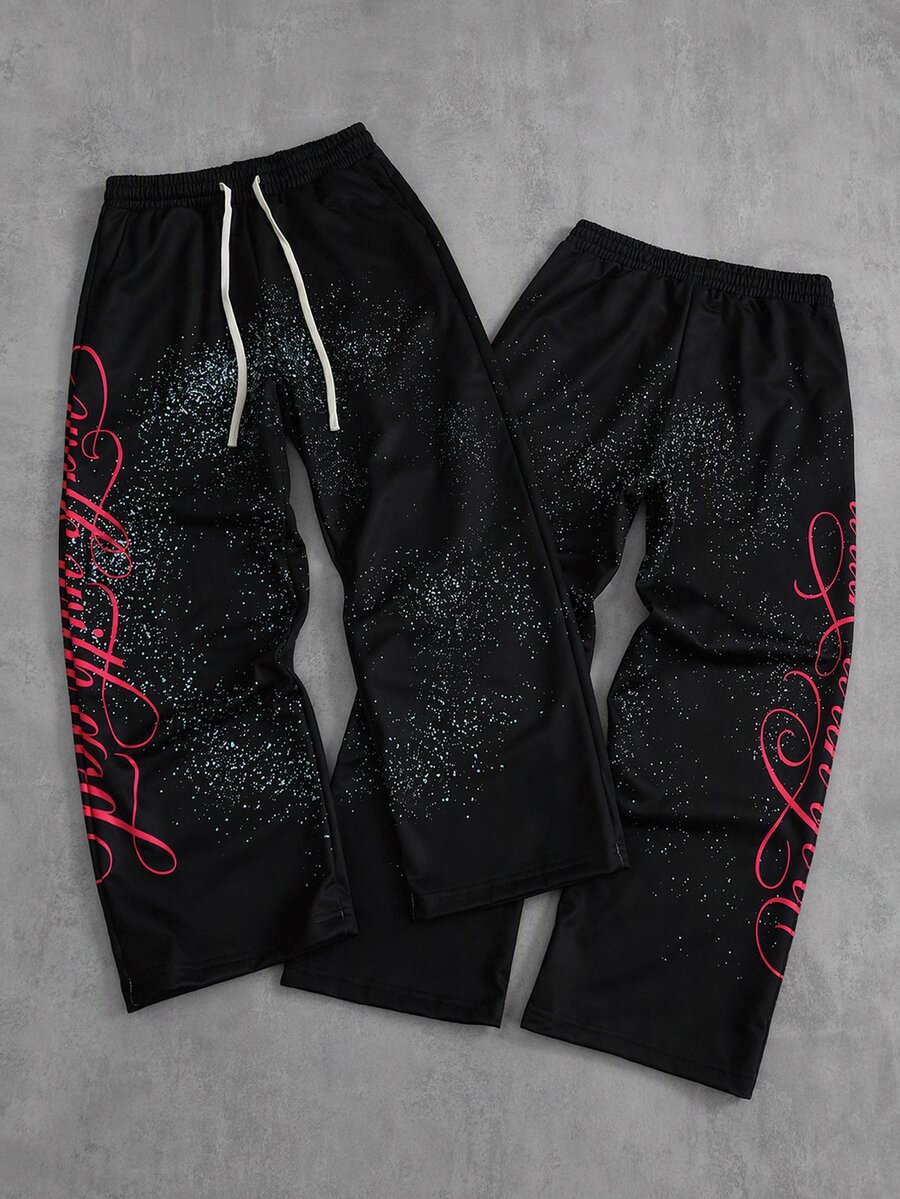 ROMWE MEN Men's Streetwear Loose Fit Polka Dot Print Sweatpants - Black - View 1