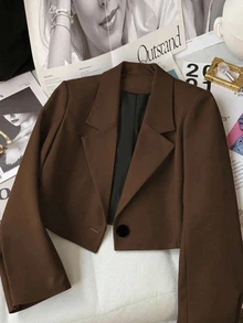 Franclia 女式纯色翻领长袖休闲办公室西装外套，秋季 - 棕色 - 查看 3