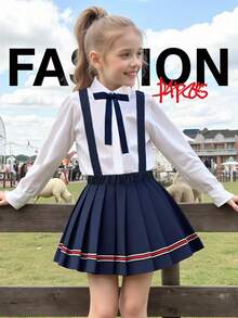 SHEIN Elladie kids 女童純色百褶吊帶裙，腰部休閒可愛學院風，海軍藍條紋織帶細節，開學校服套裝 - 藏蓝色 - 查看 3