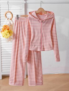 SHEIN 青少年女孩秋季套裝 粉色白色條紋連帽拉鍊外套與高腰喇叭褲套裝 垂直條紋 2件式居家運動服 - 粉色 - 查看 9