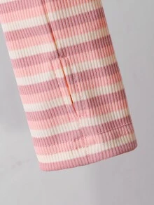 SHEIN 青少年女孩秋季套裝 粉色白色條紋連帽拉鍊外套與高腰喇叭褲套裝 垂直條紋 2件式居家運動服 - 粉色 - 查看 8