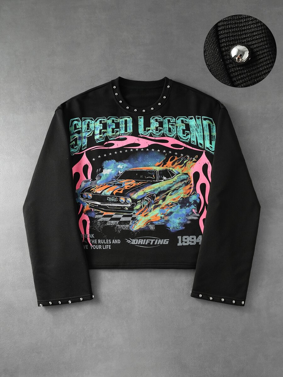 ROMWE MEN Camiseta de manga larga holgada con estampado de carreras y decoración de remaches para hombre - Negro - Ver 1