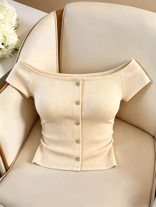 GlowEve White Ribbed Off Shoulder Faux Placket Button Elegant Blouse For Women - Apricot - View 1