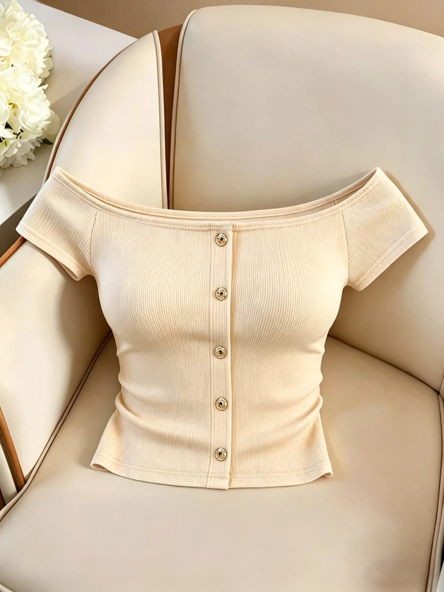 GlowEve White Ribbed Off Shoulder Faux Placket Button Elegant Blouse For Women - Apricot - View 1
