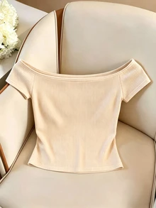GlowEve White Ribbed Off Shoulder Faux Placket Button Elegant Blouse For Women - Apricot - View 2