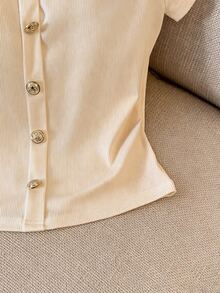 GlowEve White Ribbed Off Shoulder Faux Placket Button Elegant Blouse For Women - Apricot - View 4