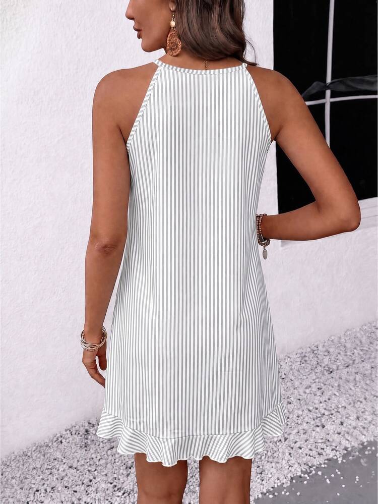 EMERY ROSE New Summer Style For Ladies: French Blue And White Striped Off-The-Shoulder A-Line Dress With Asymmetric Ruffle Trim And Sleeveless Design For A Slimming Effect, Perfect For Vacation. - Multicolor - View 2