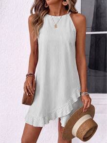EMERY ROSE New Summer Style For Ladies: French Blue And White Striped Off-The-Shoulder A-Line Dress With Asymmetric Ruffle Trim And Sleeveless Design For A Slimming Effect, Perfect For Vacation. - Multicolor - View 3