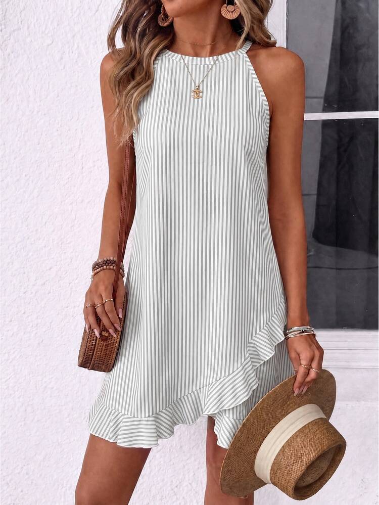 EMERY ROSE New Summer Style For Ladies: French Blue And White Striped Off-The-Shoulder A-Line Dress With Asymmetric Ruffle Trim And Sleeveless Design For A Slimming Effect, Perfect For Vacation. - Multicolor - View 3