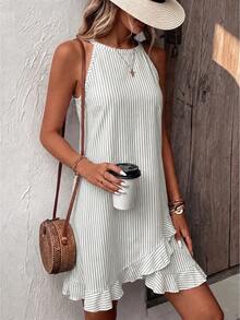 EMERY ROSE New Summer Style For Ladies: French Blue And White Striped Off-The-Shoulder A-Line Dress With Asymmetric Ruffle Trim And Sleeveless Design For A Slimming Effect, Perfect For Vacation. - Multicolor - View 5