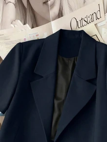 Franclia 女士纯色短袖翻领西装外套，休闲及办公场合皆宜，女士短款西装外套，短款夹克，女士短袖西装外套，蓝色西装外套，女士短袖夹克 - 藏蓝色 - 查看 5