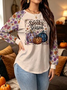 Modelyn Plus Size Women's Pumpkin Print Raglan Long Sleeve Casual Top Halloween Birthday Vacation Beige Fall - Multicolor - View 3