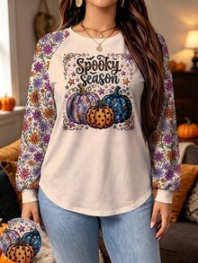 Modelyn Plus Size Women's Pumpkin Print Raglan Long Sleeve Casual Top Halloween Birthday Vacation Beige Fall - Multicolor - View 1