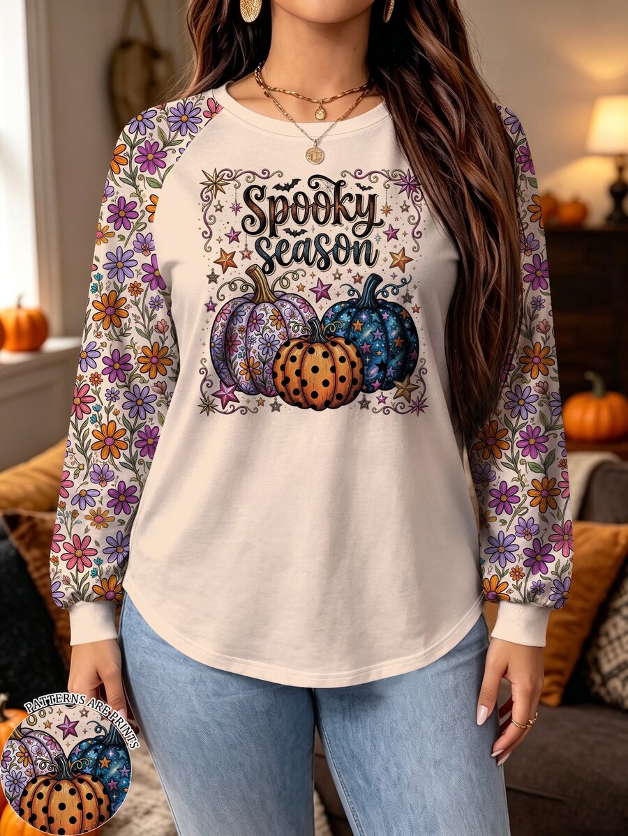 Modelyn Plus Size Women's Pumpkin Print Raglan Long Sleeve Casual Top Halloween Birthday Vacation Beige Fall - Multicolor - View 1