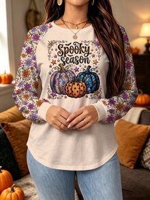 Modelyn Plus Size Women's Pumpkin Print Raglan Long Sleeve Casual Top Halloween Birthday Vacation Beige Fall - Multicolor - View 6