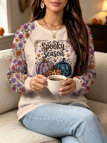 Modelyn Plus Size Women's Pumpkin Print Raglan Long Sleeve Casual Top Halloween Birthday Vacation Beige Fall - Multicolor - View 4