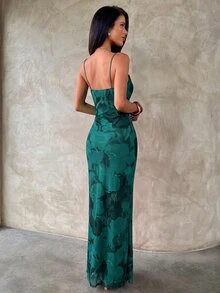 Aloruh 青綠色熱帶花卉印花露背細肩帶迷你洋裝 海灘度假女款海灘套裝 波西米亞性感漸層夏季穿搭 - 綠色 - 查看 8