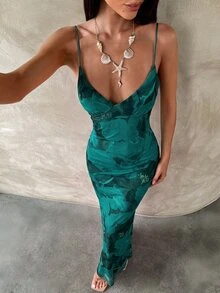 Aloruh 青綠色熱帶花卉印花露背細肩帶迷你洋裝 海灘度假女款海灘套裝 波西米亞性感漸層夏季穿搭 - 綠色 - 查看 7