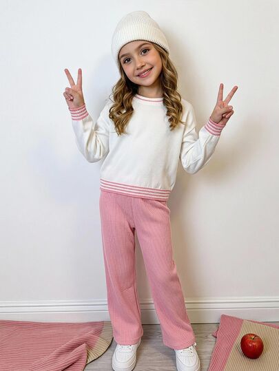 SHEIN Girls' Autumn/Winter Knitted 2 Pieces Set, Fashion Casual Pink & White Striped Sweater And Knitted Pants Outfit