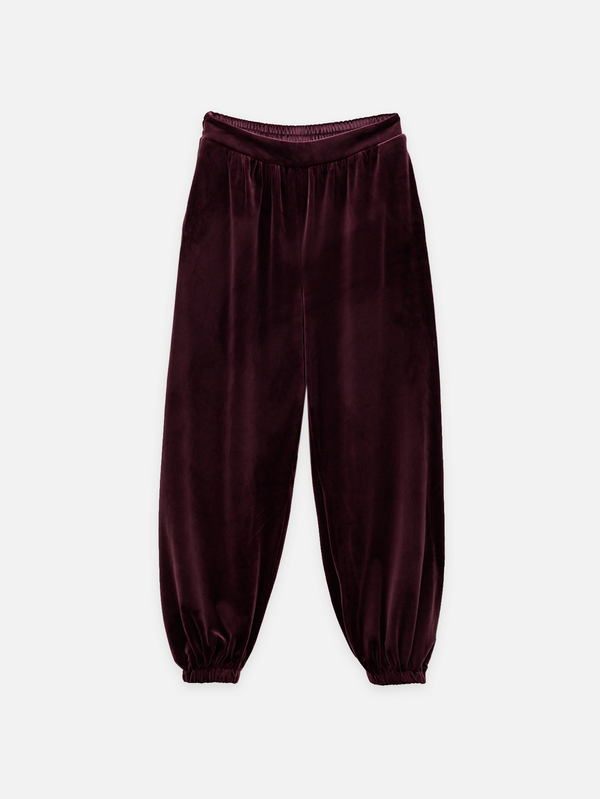 Nöista Burgundy Velvet Balloon Trousers With Elastic Waistband & Elastic Ankle Cuffs. Elegant, Dinner, Vacation,Day-To-Night. Fall, Autumn, Winter Clothes.