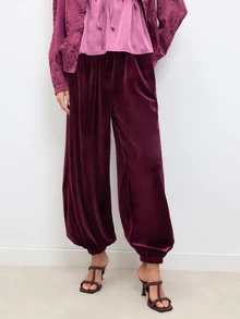 Nöista Burgundy Velvet Balloon Trousers With Elastic Waistband & Elastic Ankle Cuffs. Elegant, Dinner, Vacation,Day-To-Night. Fall, Autumn, Winter  Clothes.. - Burgundy - View 3