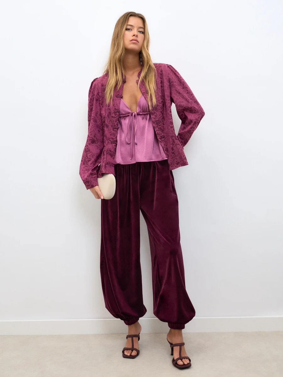 Nöista Burgundy Velvet Balloon Trousers With Elastic Waistband & Elastic Ankle Cuffs. Elegant, Dinner, Vacation,Day-To-Night. Fall, Autumn, Winter Clothes.. - Burgundy - View 1