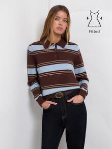 Nöista Coffee Retro Polo Collar Striped Knit Sweater,Casual  Preppy,Comfortable Skin-Friendly,Various Body Types Classic Piece Wardrobe,Fall Winter, - Brown - View 2