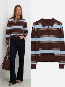 Nöista Coffee Retro Polo Collar Striped Knit Sweater,Casual  Preppy,Comfortable Skin-Friendly,Various Body Types Classic Piece Wardrobe,Fall Winter, - Brown - View 3
