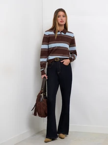 Nöista Coffee Retro Polo Collar Striped Knit Sweater,Casual  Preppy,Comfortable Skin-Friendly,Various Body Types Classic Piece Wardrobe,Fall Winter, - Brown - View 6