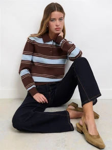 Nöista Coffee Retro Polo Collar Striped Knit Sweater,Casual  Preppy,Comfortable Skin-Friendly,Various Body Types Classic Piece Wardrobe,Fall Winter, - Brown - View 1