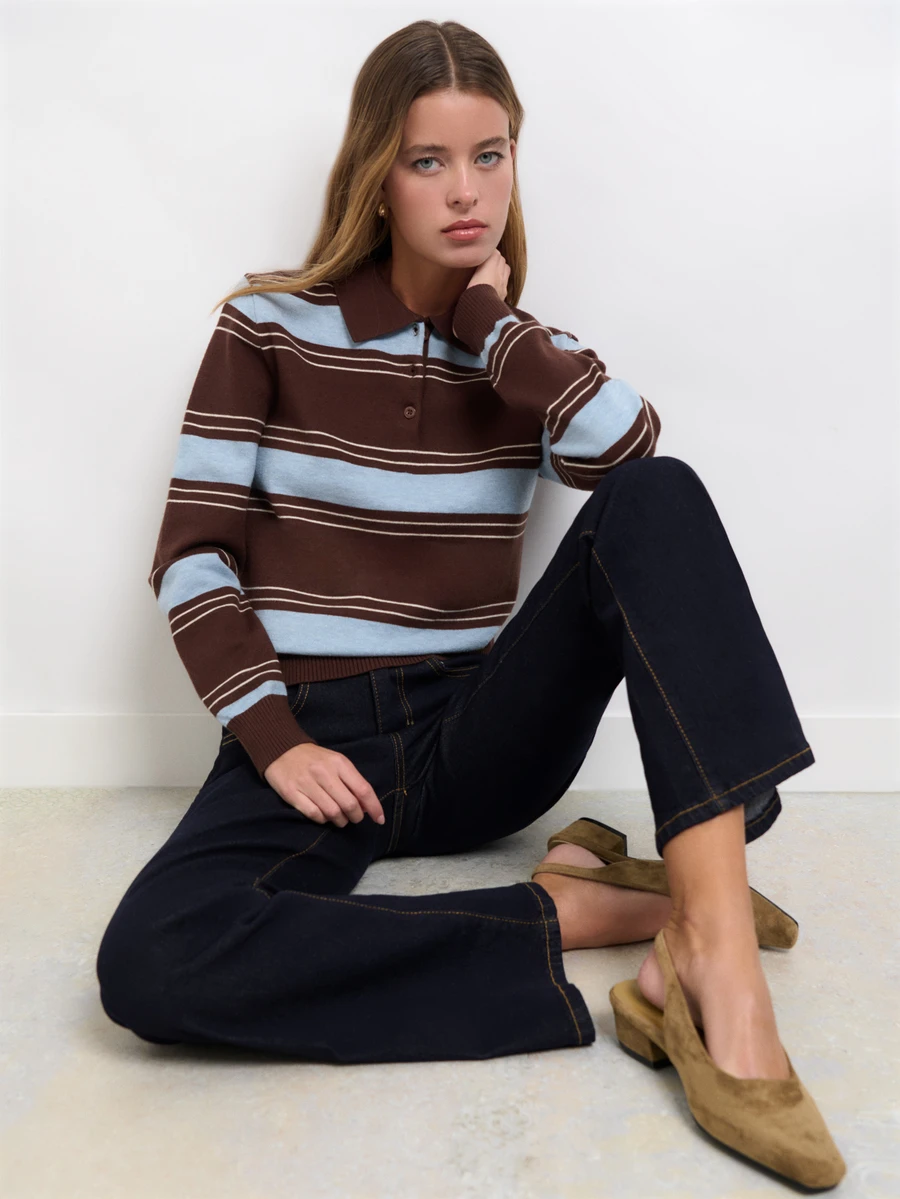 Nöista Coffee Retro Polo Collar Striped Knit Sweater,Casual Preppy,Comfortable Skin-Friendly,Various Body Types Classic Piece Wardrobe,Fall Winter, - Brown - View 1