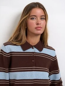 Nöista Coffee Retro Polo Collar Striped Knit Sweater,Casual  Preppy,Comfortable Skin-Friendly,Various Body Types Classic Piece Wardrobe,Fall Winter, - Brown - View 5