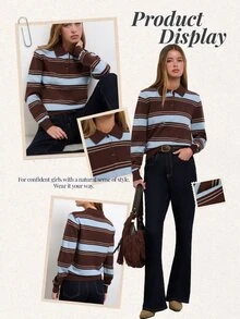 Nöista Coffee Retro Polo Collar Striped Knit Sweater,Casual  Preppy,Comfortable Skin-Friendly,Various Body Types Classic Piece Wardrobe,Fall Winter, - Brown - View 12