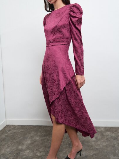 Nöista Jacquard Satin Dress With Volume Sleeves In Dark Pink Color Wedding Guest, Special Occasion Looks. Elegant Fall Autumn, Winter Formal Look Night Out