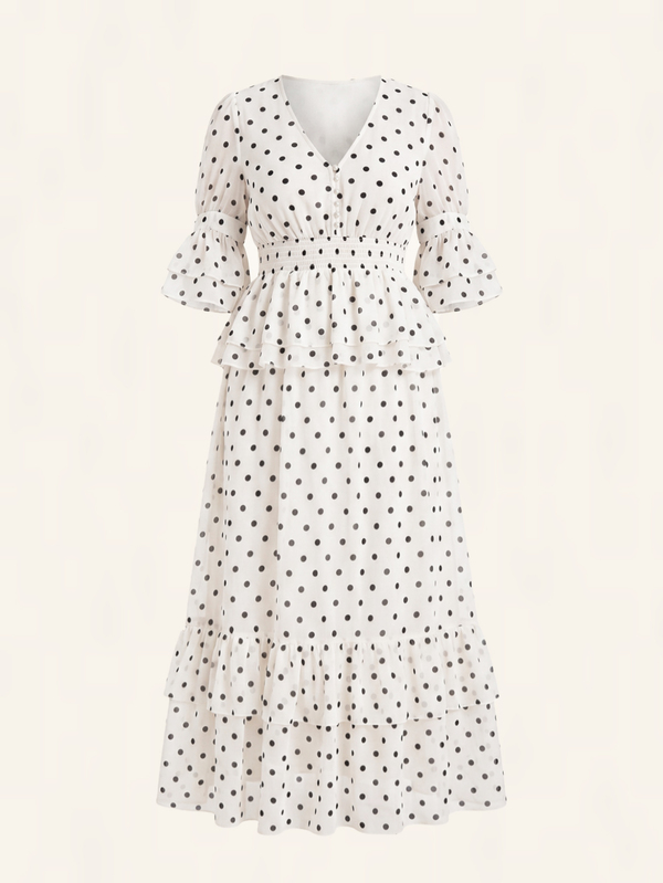 VOLUPTÉ CURVE Plus Size Women's Spring/Summer White 2-Piece Set Polka Dot Chiffon V-Neck Top & Ruffle Maxi Skirt, Elegant Casual Vacation Daily Wedding Guest Outfit