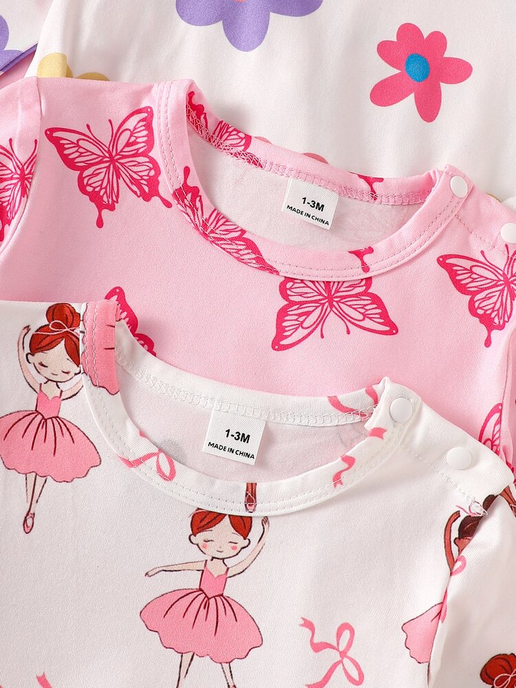 SHEIN (Randomly 1pc) Newborn Long Sleeve Footed Romper Pink White Purple Cartoon Flower Heart Star Ballet Girl Butterfly Print Pattern Simple Casual Comfortable Soft Cute Wearable Home Wear All Seasons - Multicolor - View 5