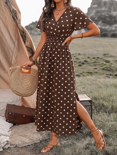 SHEIN Women's Single-Thread Bamboo Joint Hemp Brown Polka Dot Mixed Collar Waist Knot Muscle-Like Gathered Bell Sleeve Cinched Waist A-Line Hem Side Slit Long Dress, Exquisite Elegant French Vintage Office Commute Vacation Casual Beach Western Street Style Minimalist Versatile Fashion Spaghetti Strap Afternoon Tea Party Spring Summer New