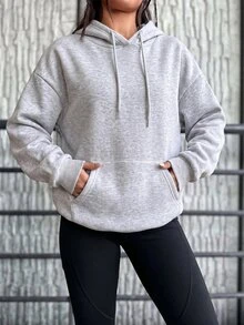 EURMUSE Cotton Pocket Drop Shoulder Drawstring Thermal Hoodie - Light Grey - View 6