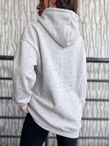 EURMUSE Cotton Pocket Drop Shoulder Drawstring Thermal Hoodie - Light Grey - View 2